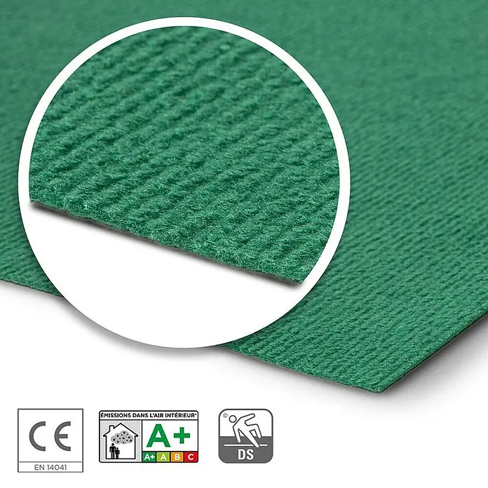 Floordirekt Teppichboden Meterware Sintra - für Messe & Events - Grün - 100 x 400 cm - Breite: 100 cm, Flachgewebe, Polypropylen, Grün - Grüne, gerippte Textilmatte mit CE-, A+-VOC- und DS-Rutschfestigkeitszertifizierungen für den Innenbereich.