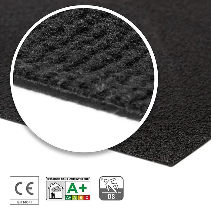 Floordirekt Teppichboden Meterware Sintra - für Messe & Events - Schwarz - 200 x 100 cm - Breite: 200 cm, Flachgewebe, Polypropylen, Schwarz - Dunkelgrauer strukturierter Teppich oder Matte in Nahaufnahme, mit Qualitäts- und Raumluftemissionszertifikaten.