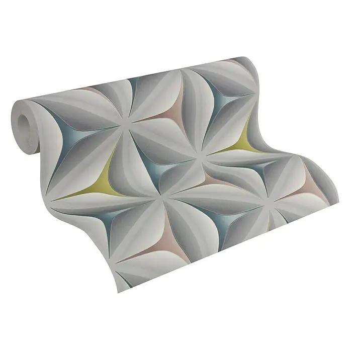 A.S. Création Vliestapete Move Your Wall - Blau/Grau/Rosa, Grafisch, 10,05 x 0,53 m - Ein aufgerolltes Muster-Tapetenstück mit einem geometrischen Blumenmuster in Grau, Weiß und Farbakzenten. Die Tapete ist modern und dekorativ.