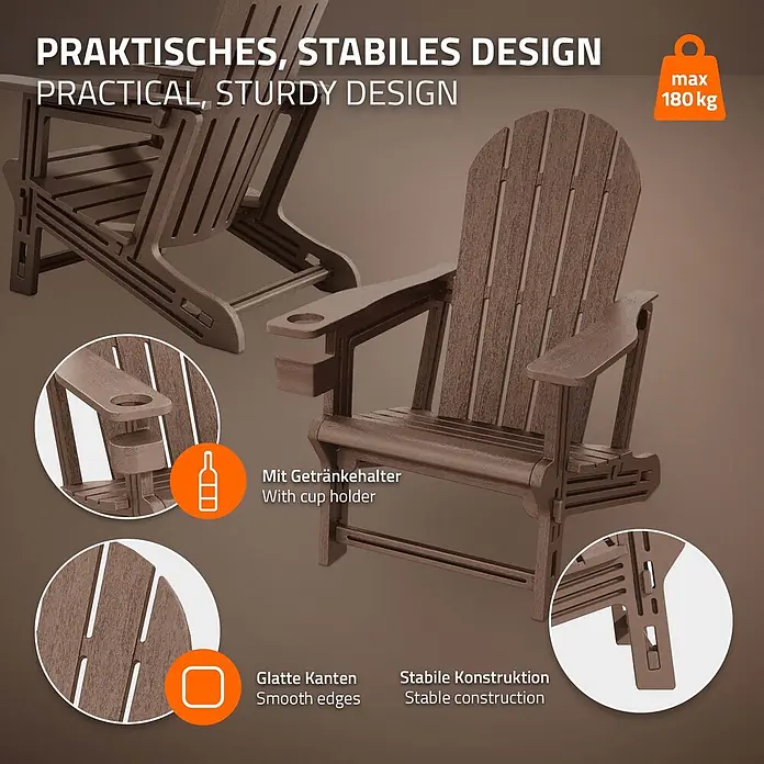 ML-Design Garten-Loungesessel - 1 Stk., HDPE Kunststoff, Braun - Brauner Adirondack-Stuhl mit Getränkehalter, der praktisches, stabiles Design, glatte Kanten und stabile Konstruktion bis 180 kg zeigt.