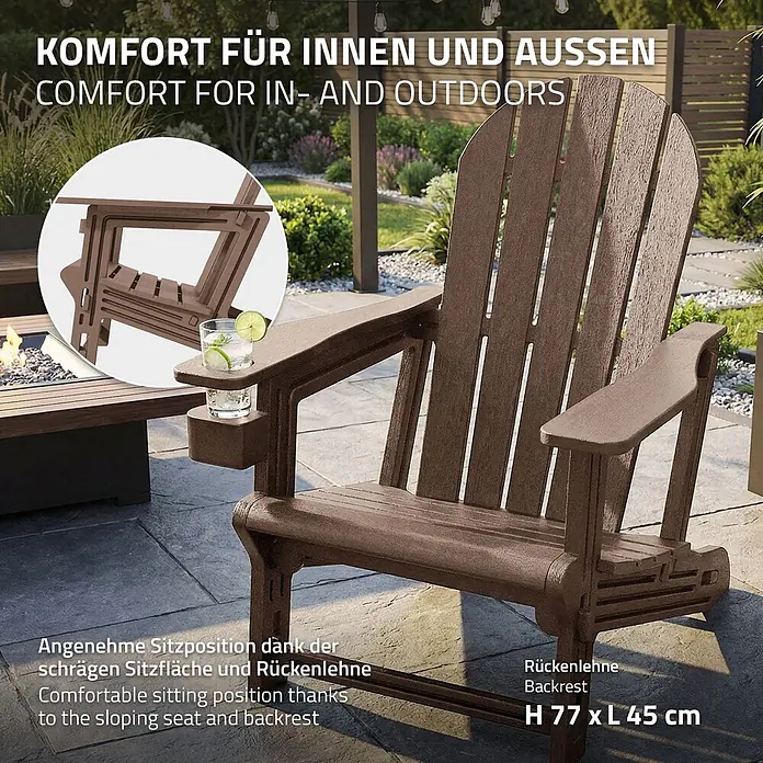 ML-Design Garten-Loungesessel - 1 Stk., HDPE Kunststoff, Braun - Brauner Adirondack-Stuhl mit integriertem Getränkehalter auf Terrasse, bequem für drinnen und draußen.