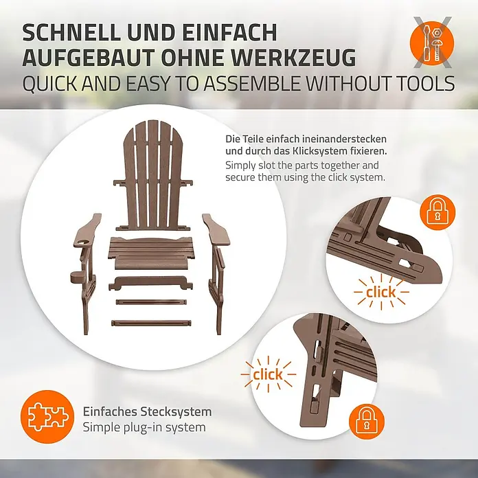 ML-Design Garten-Loungesessel - 1 Stk., HDPE Kunststoff, Braun - Brauner Adirondack-Stuhl in Einzelteilen, mit werkzeugloser Klick-Montage.