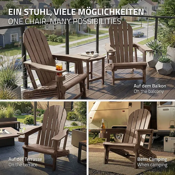 ML-Design Garten-Loungesessel - 1 Stk., HDPE Kunststoff, Braun - Vielseitiger brauner Adirondack-Stuhl, gezeigt auf Balkon, Terrasse und beim Camping.