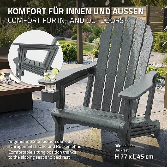ML-Design Garten-Loungesessel - 1 Stk., HDPE Kunststoff, Grau - Dunkelgrauer Adirondack-Stuhl mit Holzstruktur und Getränkehalter, ideal für Terrassenkomfort.