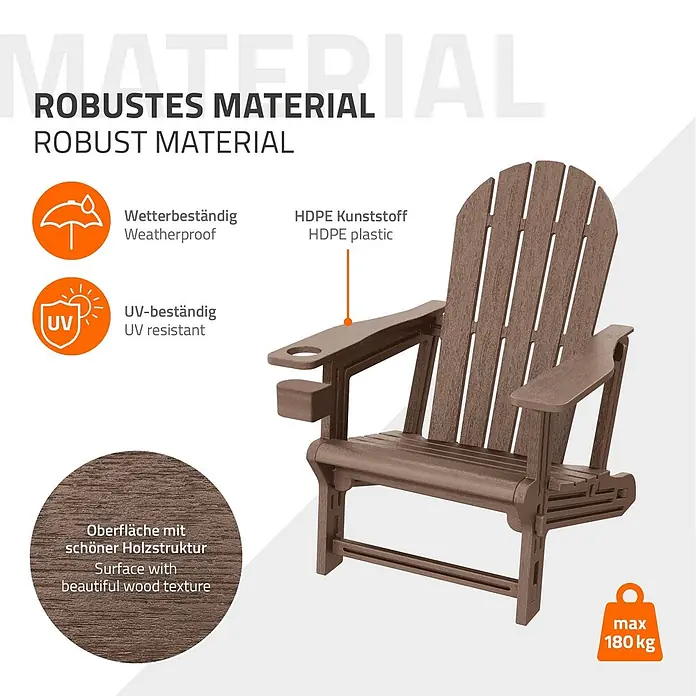 ML-Design Garten-Loungesessel - 1 Stk., HDPE Kunststoff, Braun - Brauner Adirondack-Stuhl aus robustem, wetter- und UV-beständigem HDPE-Kunststoff mit Holzstruktur, max. 180 kg Traglast.