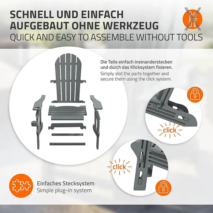 ML-Design Garten-Loungesessel - 1 Stk., HDPE Kunststoff, Grau - Dunkelgrauer Kunststoffstuhl zerlegt, zeigt sein werkzeugloses Klick-Montagesystem.