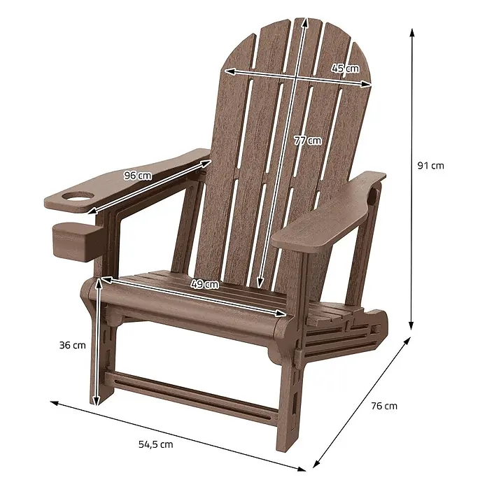 ML-Design Garten-Loungesessel - 1 Stk., HDPE Kunststoff, Braun - Brauner Adirondack-Stuhl mit breiten Armlehnen und integriertem Getränkehalter, detaillierte Maße werden gezeigt.