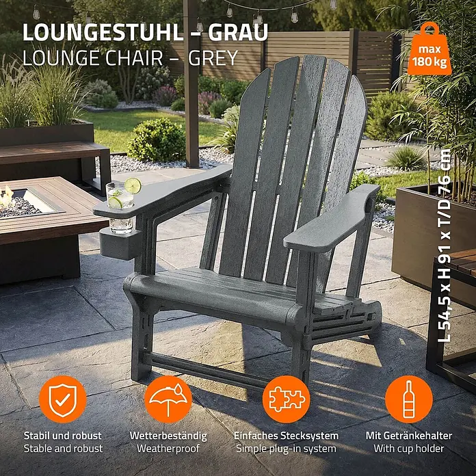 ML-Design Garten-Loungesessel - 1 Stk., HDPE Kunststoff, Grau - Grauer Loungestuhl auf einer Terrasse mit Getränkehalter und einem Getränk, ideal für Entspannung im Freien.