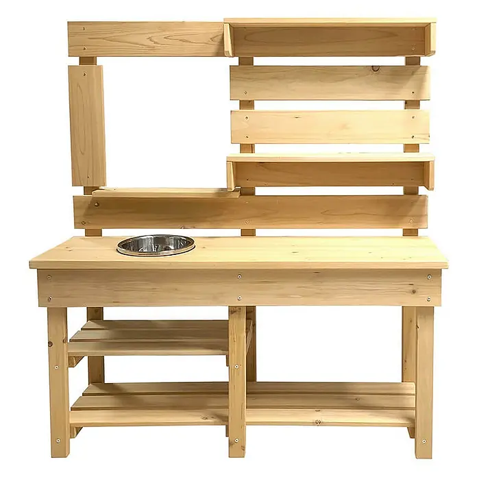 Home Deluxe Matschküche MANDU - Holz, Natur - Helle Holz-Kinderspielküche mit eingelassener Metallschale, oberen und unteren Ablageflächen.