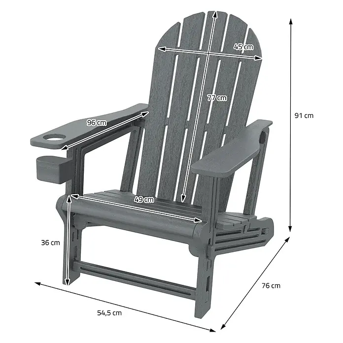ML-Design Garten-Loungesessel - 1 Stk., HDPE Kunststoff, Grau - Grauer Adirondack-Gartenstuhl aus Kunststoff mit integriertem Getränkehalter und Maßen.