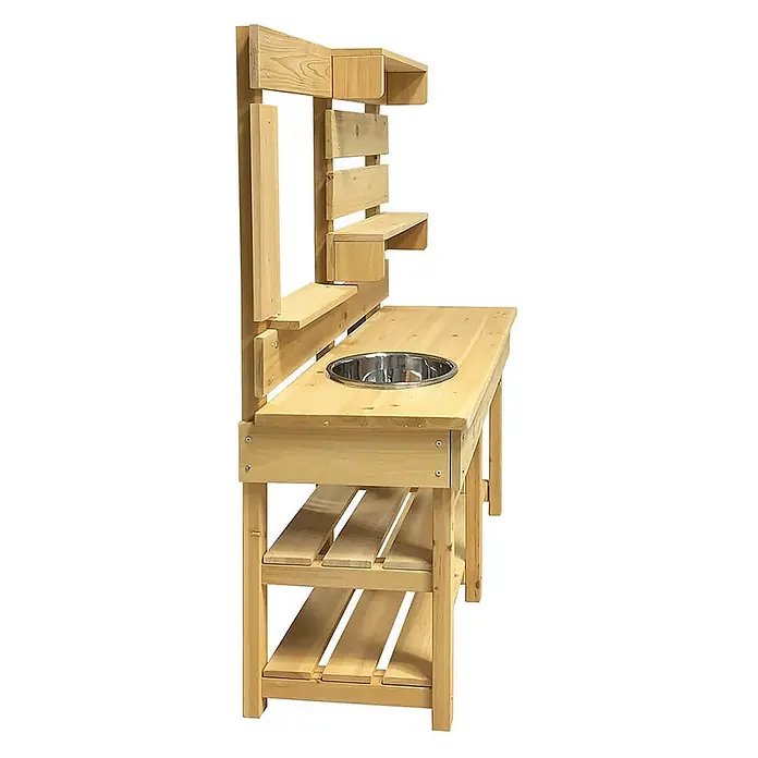 Home Deluxe Matschküche MANDU - Holz, Natur - Hölzerne Matschküche aus hellem Holz mit Metallspüle, mehreren Regalen und Stauraum für Kinder-Außenspiele.