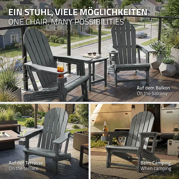 ML-Design Garten-Loungesessel - 1 Stk., HDPE Kunststoff, Grau - Vielseitiger dunkelgrauer Adirondack-Stuhl mit Getränkehalter, gezeigt auf Balkon, Terrasse und beim Camping, betont seine Anpassungsfähigkeit.