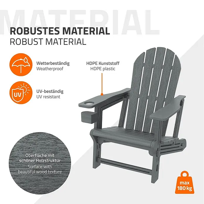 ML-Design Garten-Loungesessel - 1 Stk., HDPE Kunststoff, Grau - Grauer Adirondack-Stuhl aus robustem, wetter- & UV-beständigem HDPE-Kunststoff mit Holzstruktur, bis 180 kg.
