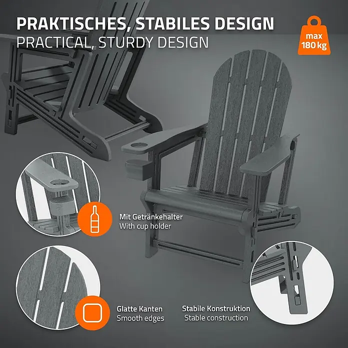 ML-Design Garten-Loungesessel - 1 Stk., HDPE Kunststoff, Grau - Dunkelgrauer Adirondack-Stuhl mit Getränkehalter, 180 kg Tragkraft, stabile und praktische Konstruktion mit glatten Kanten.