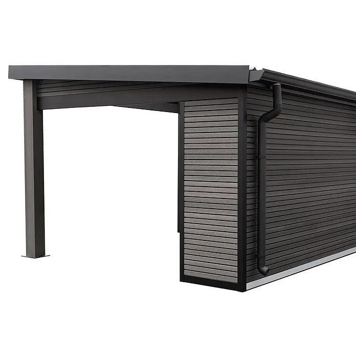 Fjordholz Gartenhaus FineLine 16,90 m² Grau - Außenmaß inkl. Dachüberstand (B x T): 616,5 x 325 cm, Aluminium, Grau - Eine dunkelgraue Carport-Struktur mit Lamellen-Seitenwand, robustem Metallrahmen und integriertem schwarzem Regenrinnensystem.
