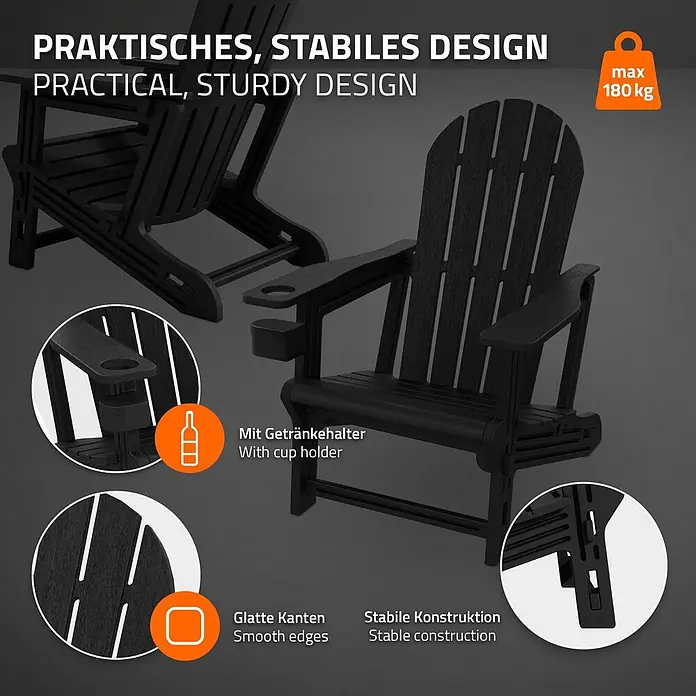 ML-Design Garten-Loungesessel - 1 Stk., HDPE Kunststoff, Schwarz - Schwarzer Adirondack-Stuhl mit Getränkehalter, robustem Design und 180 kg Tragkraft.