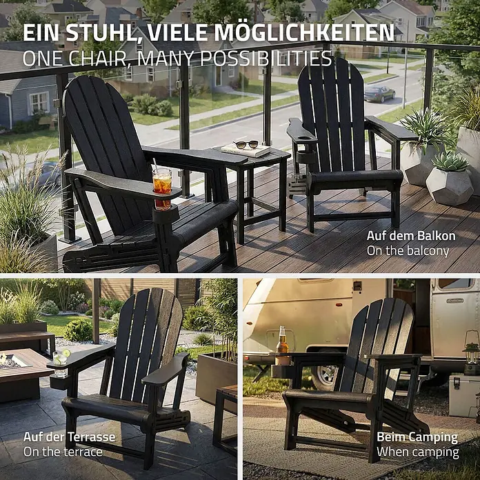ML-Design Garten-Loungesessel - 1 Stk., HDPE Kunststoff, Schwarz - Dunkelgrauer Adirondack-Stuhl mit integriertem Getränkehalter, vielseitig für den Außenbereich.