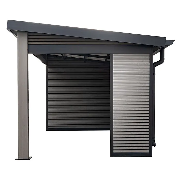 Fjordholz Gartenhaus FineLine 16,90 m² Grau - Außenmaß inkl. Dachüberstand (B x T): 616,5 x 325 cm, Aluminium, Grau - Moderner dunkel- und hellgrauer Lamellenschuppen/Carport mit schrägem Dach und sichtbarem Fallrohr.