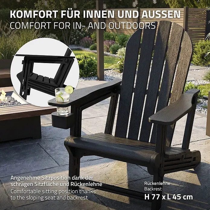 ML-Design Garten-Loungesessel - 1 Stk., HDPE Kunststoff, Schwarz - Dunkler Adirondack Gartenstuhl auf einer Terrasse mit Getränkehalter und ergonomischem Design für Komfort.
