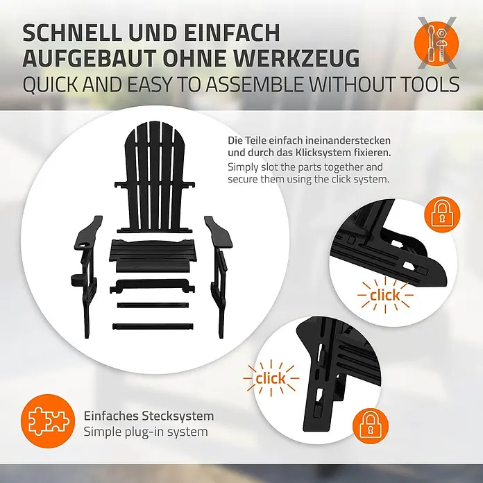 ML-Design Garten-Loungesessel - 1 Stk., HDPE Kunststoff, Schwarz - Schwarze Adirondack-Stuhlteile zeigen werkzeuglose Klick-Montage.