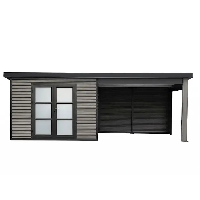 Fjordholz Gartenhaus FineLine 16,90 m² Grau - Außenmaß inkl. Dachüberstand (B x T): 616,5 x 325 cm, Aluminium, Grau - Moderner grauer Geräteschuppen mit Doppeltür und mattierten Glasscheiben sowie integriertem Carport mit dunkler Verkleidung.
