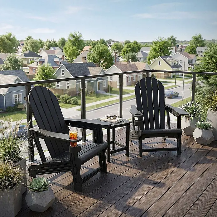 ML-Design Garten-Loungesessel - 1 Stk., HDPE Kunststoff, Schwarz - Zwei robuste schwarze Adirondack-Stühle und ein passender Beistelltisch auf einem Balkon, bereit zur Entspannung im Freien.