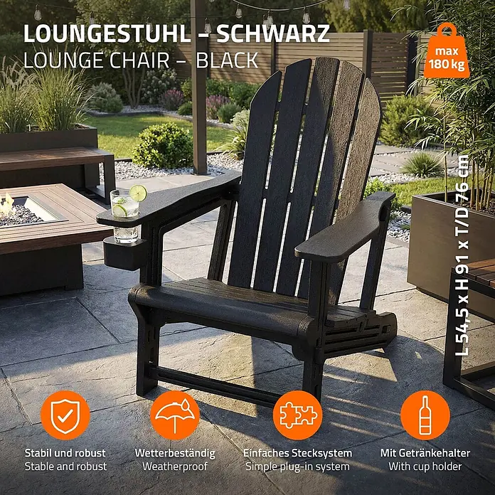 ML-Design Garten-Loungesessel - 1 Stk., HDPE Kunststoff, Schwarz - Stabiler, schwarzer Loungesessel mit Getränkehalter für den Außenbereich.