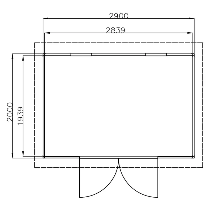 Fjordholz Gartenhaus FineLine 5,8 m² Grau - Außenmaß inkl. Dachüberstand (B x T): 322 x 236 cm, Aluminium, Grau/anthrazit - Grundriss eines rechteckigen Schuppens/Gartenhauses, mit Außenmaßen 2900x2000mm und Innenmaßen 2839x1939mm.