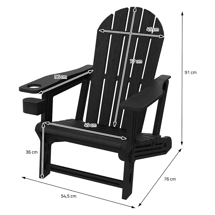 ML-Design Garten-Loungesessel - 1 Stk., HDPE Kunststoff, Schwarz - Schwarzer Adirondack-Stuhl mit Lamellen, Armlehnen und Becherhalter, Maße angegeben.