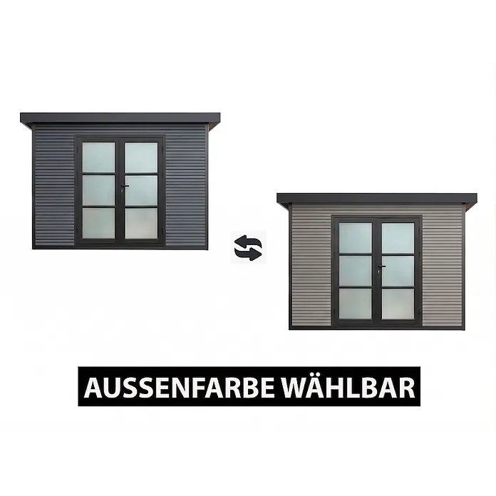 Fjordholz Gartenhaus FineLine 8,4 m² Grau - Außenmaß inkl. Dachüberstand (B x T): 322 x 325 cm, Aluminium, Grau / Anthrazit - Modernes Gartenhaus mit Flachdach und Doppeltür; Außenfarbe wählbar (Dunkelgrau oder Hellgrau).