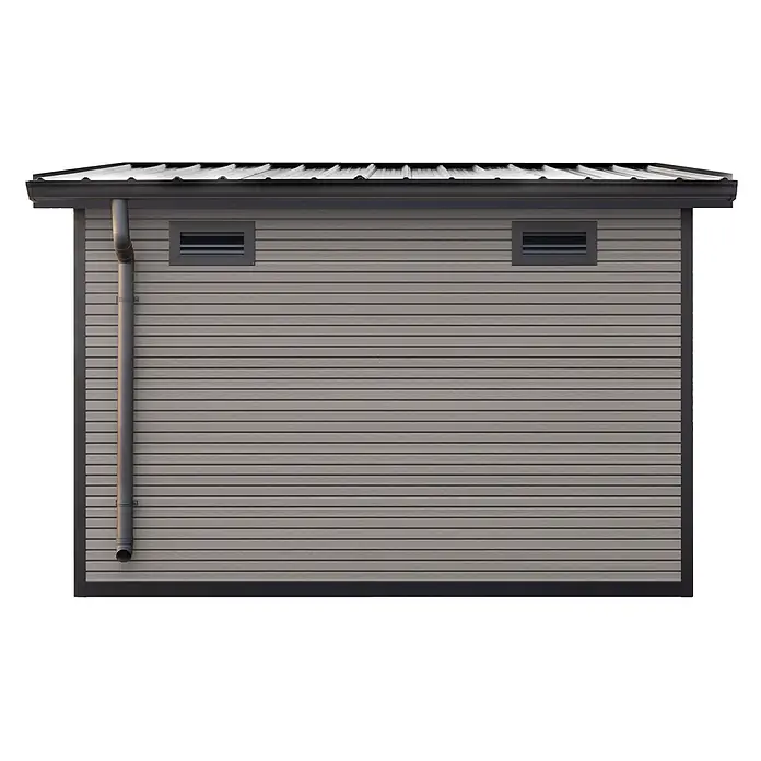 Fjordholz Gartenhaus FineLine 8,4 m² Grau - Außenmaß inkl. Dachüberstand (B x T): 322 x 325 cm, Aluminium, Grau / Anthrazit - Graues Technikgebäude mit horizontaler Verkleidung, dunklem Metalldach, dunkler Regenrinne und zwei Lüftungsgittern.