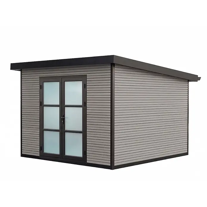 Fjordholz Gartenhaus FineLine 8,4 m² Grau - Außenmaß inkl. Dachüberstand (B x T): 322 x 325 cm, Aluminium, Grau / Anthrazit - Modernes Gartenhaus mit grauer horizontaler Verkleidung, schwarzem Flachdach und Doppeltüren mit Milchglas.