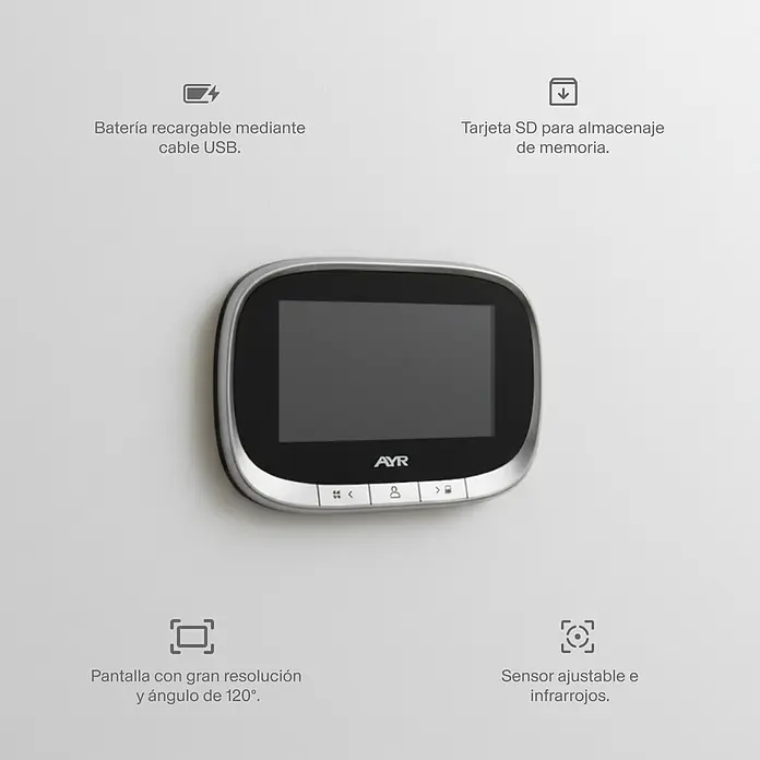 AYR Mirilla digital Smart Vision 763 - WLAN, Grosor de la puerta: 35 mm - 120 mm - Mirilla digital plata y negra con pantalla y botones.
