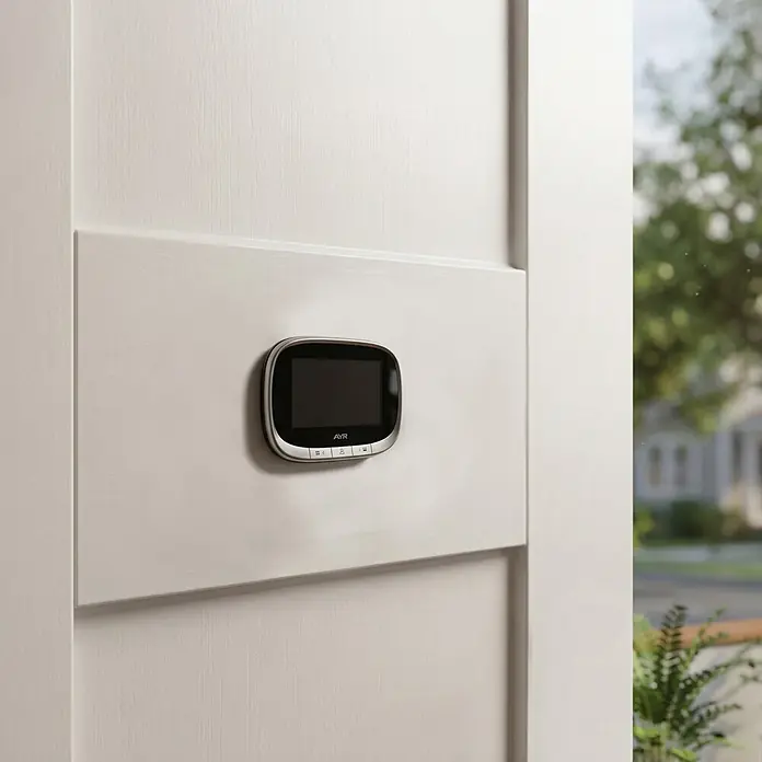 AYR Mirilla digital Smart Vision 763 - WLAN, Grosor de la puerta: 35 mm - 120 mm - Un visor digital de puerta negro y plateado montado en una puerta blanca de paneles.