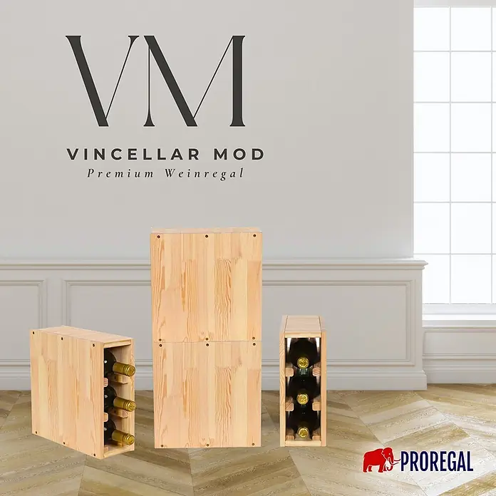 Proregal Flaschenregal Modulares Weinregal VINCELLAR MOD für 3 Flaschen - L x B x H: 30 x 12 x 30 cm, Holz - Drei Weinregale aus hellem Holz, teilweise mit Weinflaschen bestückt.
