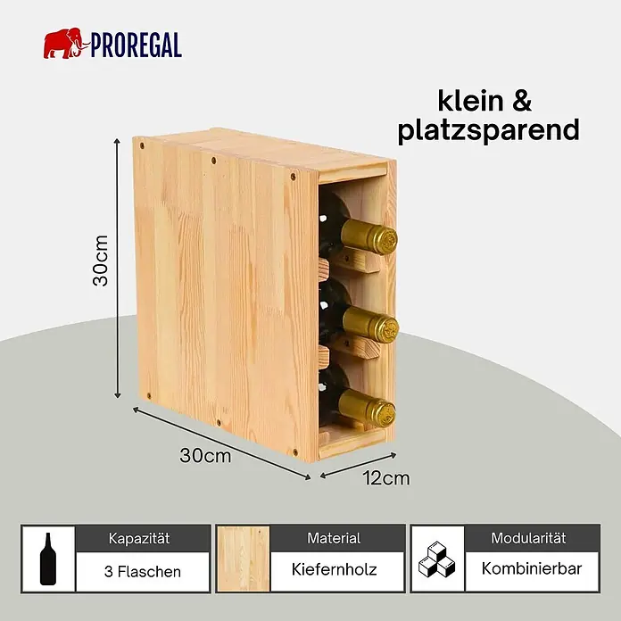 Proregal Flaschenregal Modulares Weinregal VINCELLAR MOD für 3 Flaschen - L x B x H: 30 x 12 x 30 cm, Holz - Kleines Weinregal aus Kiefernholz, 30x30x12cm, für 3 Flaschen. Modular und platzsparend.