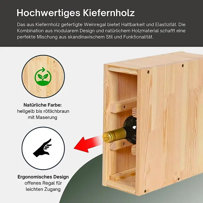 Proregal Flaschenregal Modulares Weinregal VINCELLAR MOD für 3 Flaschen - L x B x H: 30 x 12 x 30 cm, Holz - Weinregal aus hellem Kiefernholz mit Maserung. Modulares, offenes Design für einfachen Flaschenzugang.