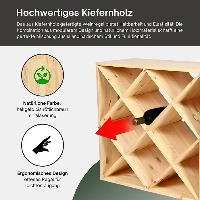 Proregal Flaschenregal Modulares Weinregal VINCELLAR MOD für 30 Flaschen - L x B x H: 30 x 60 x 60 cm, Holz - Kiefernholz-Weinregal mit modularem, offenem Design und natürlicher Maserung. Eine Weinflasche ist darin verstaut.