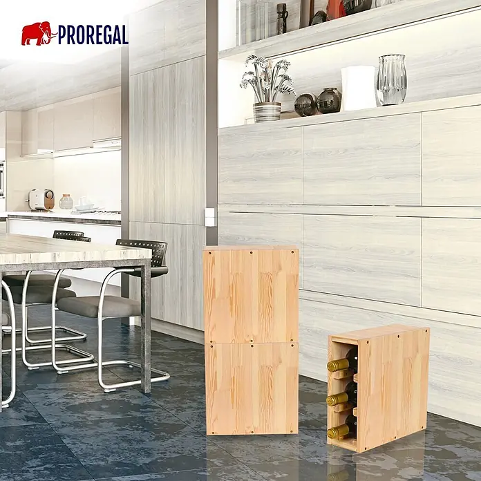 Proregal Flaschenregal Modulares Weinregal VINCELLAR MOD für 3 Flaschen - L x B x H: 30 x 12 x 30 cm, Holz - Weinregale aus Kiefernholz, eines gestapelt, eines mit Flaschen, in moderner Küche.