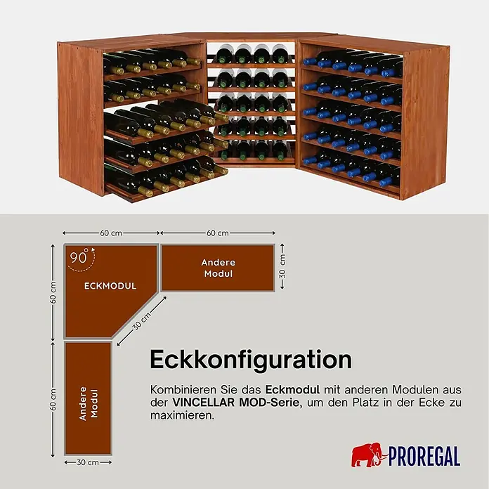 Proregal Flaschenregal Modulares Weinregal VINCELLAR MOD für 18 Flaschen - Holz - Braunes, modulares Weinregalsystem aus Holz in Eckkonfiguration, gefüllt mit Weinflaschen.