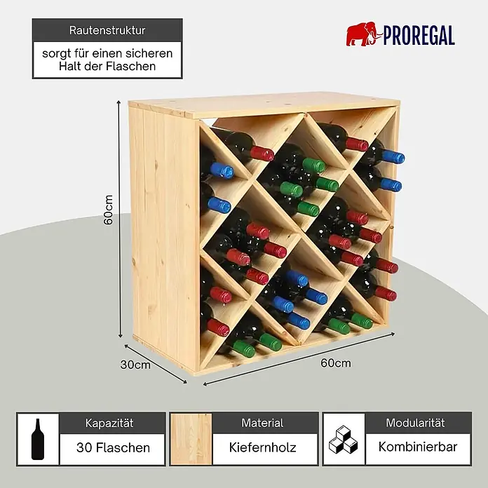 Proregal Flaschenregal Modulares Weinregal VINCELLAR MOD für 30 Flaschen - L x B x H: 30 x 60 x 60 cm, Holz - Kiefernholz Weinregal mit Rautenstruktur für 30 Flaschen, modular. Maße: 60x60x30cm.