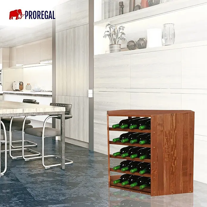 Proregal Flaschenregal Modulares Weinregal VINCELLAR MOD für 18 Flaschen - Holz - Braunes Weinregal aus Holz, gefüllt mit grünen Weinflaschen, in einer modernen Küche.