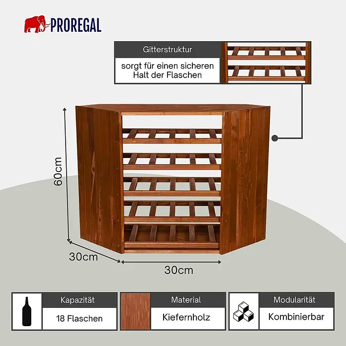 Proregal Flaschenregal Modulares Weinregal VINCELLAR MOD für 18 Flaschen - Holz - Modulares braunes Kiefernholz-Weinregal mit Gitterstruktur für 18 Flaschen. Maße: 60x30x30cm.