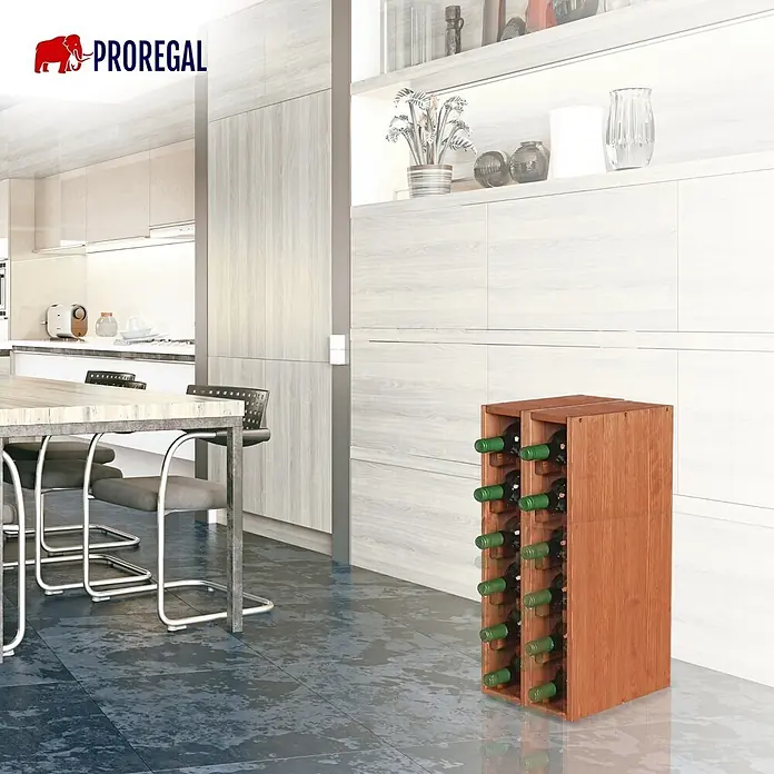 Proregal Flaschenregal Modulares Weinregal ELSASS 60x12x30cm Schmal Modul für 6 Flaschen Braun - L x B x H: 30 x 12 x 60 cm, Holz - Warmbraunes Holz-Weinregal gefüllt mit Flaschen, stehend in einer modernen Küche/Essbereich.