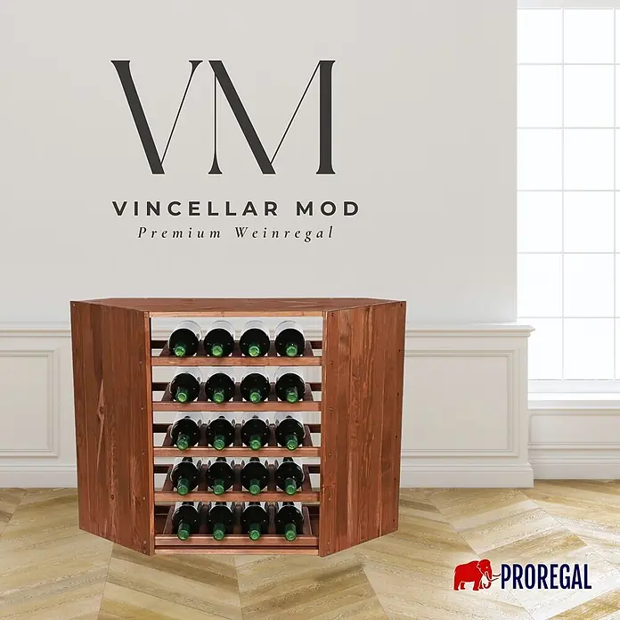Proregal Flaschenregal Modulares Weinregal VINCELLAR MOD für 18 Flaschen - Holz - Braunes hölzernes Eck-Weinregal gefüllt mit grünen Flaschen.