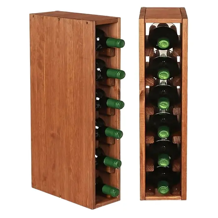 Proregal Flaschenregal Modulares Weinregal ELSASS 60x12x30cm Schmal Modul für 6 Flaschen Braun - L x B x H: 30 x 12 x 60 cm, Holz - Weinregal aus Holz in rötlich-brauner Farbe, gefüllt mit grünen Weinflaschen, in Seiten- und Vorderansicht.