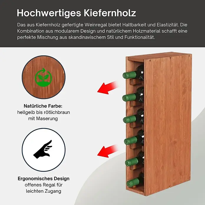 Proregal Flaschenregal Modulares Weinregal ELSASS 60x12x30cm Schmal Modul für 6 Flaschen Braun - L x B x H: 30 x 12 x 60 cm, Holz - Ein Weinregal aus Kiefernholz in hellgelb bis rötlichbraun mit Maserung, offen für leichten Zugang, gefüllt mit Weinflaschen.
