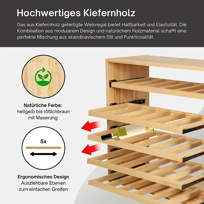 Proregal Flaschenregal Modulares Weinregal VINCELLAR MOD für 30 Flaschen - L x B x H: 30 x 60 x 60 cm, Holz - Weinregal aus Kiefernholz mit 5 ausziehbaren Ebenen, in natürlicher hellgelb-rötlichbrauner Farbe mit Maserung.