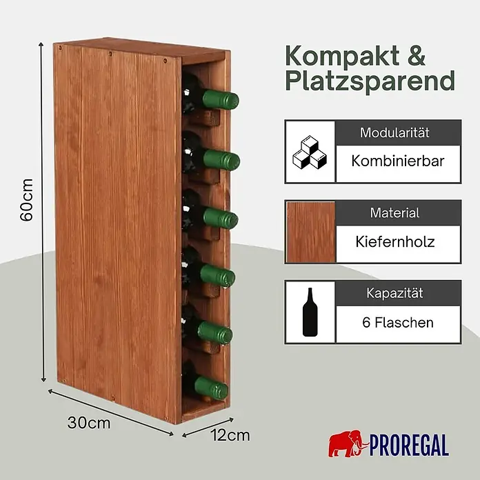 Proregal Flaschenregal Modulares Weinregal ELSASS 60x12x30cm Schmal Modul für 6 Flaschen Braun - L x B x H: 30 x 12 x 60 cm, Holz - Kompaktes Weinregal aus braunem Kiefernholz, 60x30x12cm, für 6 Flaschen. Modular und platzsparend.