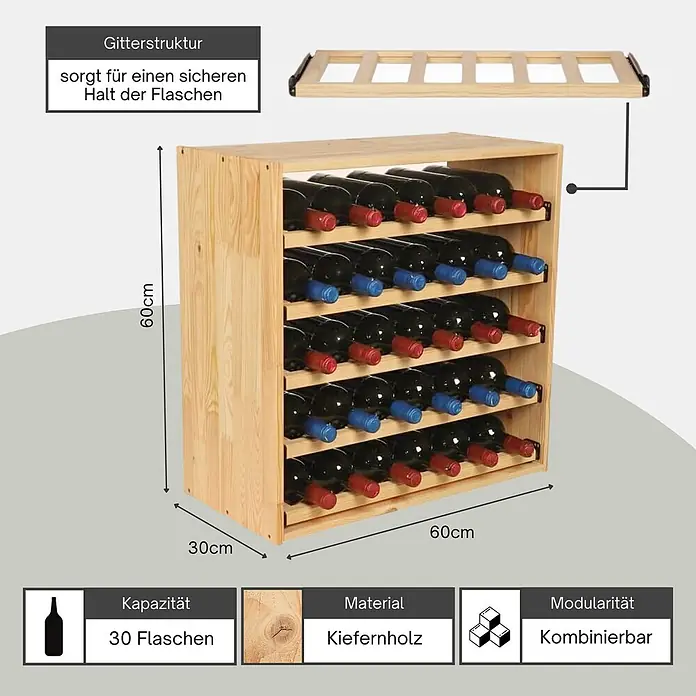 Proregal Flaschenregal Modulares Weinregal VINCELLAR MOD für 30 Flaschen - L x B x H: 30 x 60 x 60 cm, Holz - Natürliches Kiefernholz Weinregal, 60x60x30cm, für 30 Flaschen, mit Gitterstruktur und modular kombinierbar.